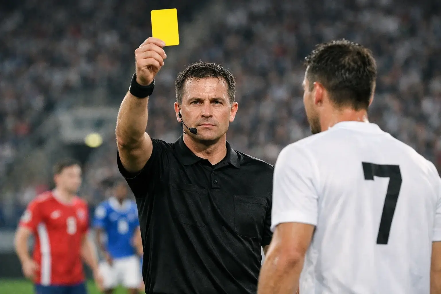 Arbitro di calcio che mostra un cartellino giallo durante una partita
