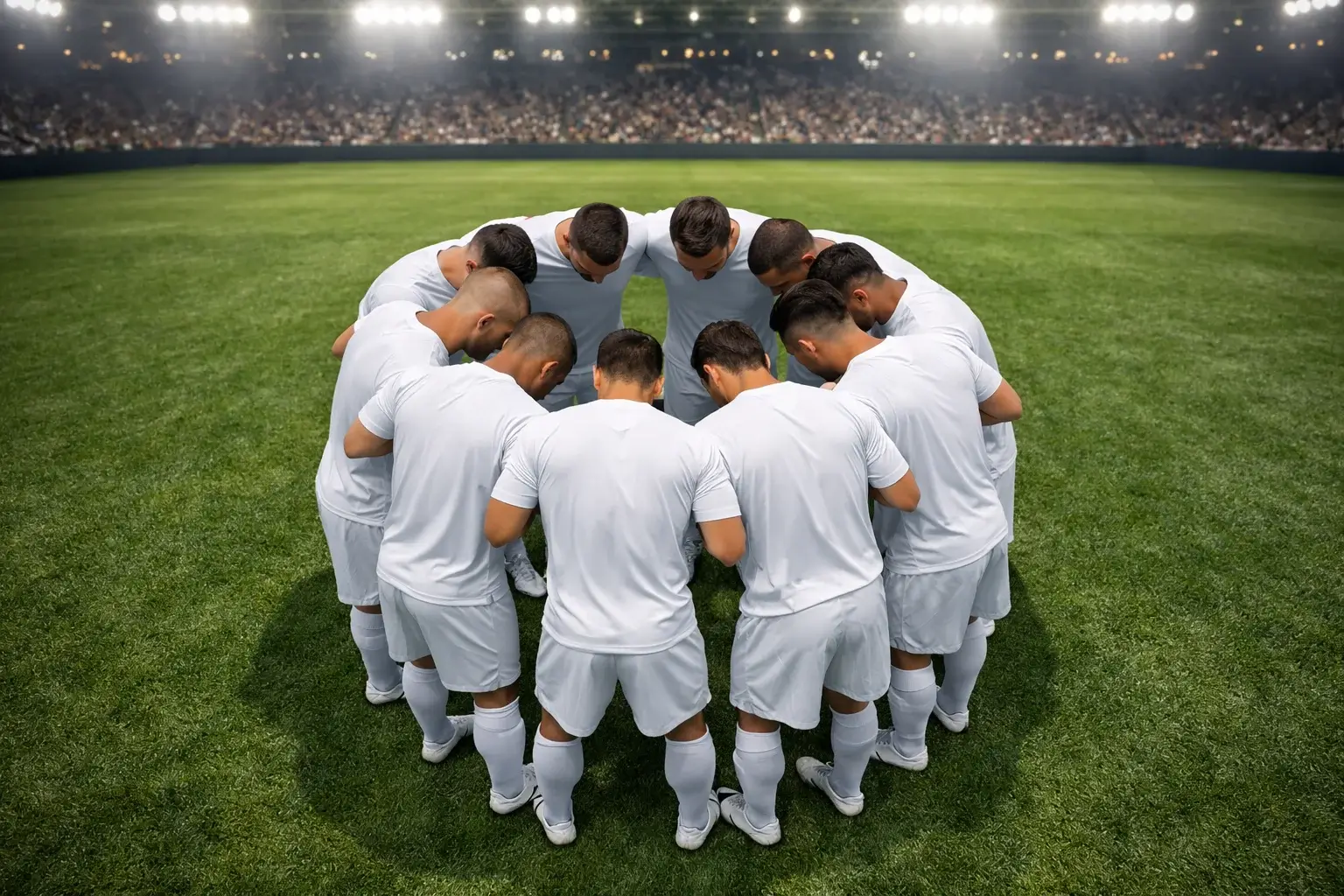 Squadra di calcio in cerchio prima di una partita importante