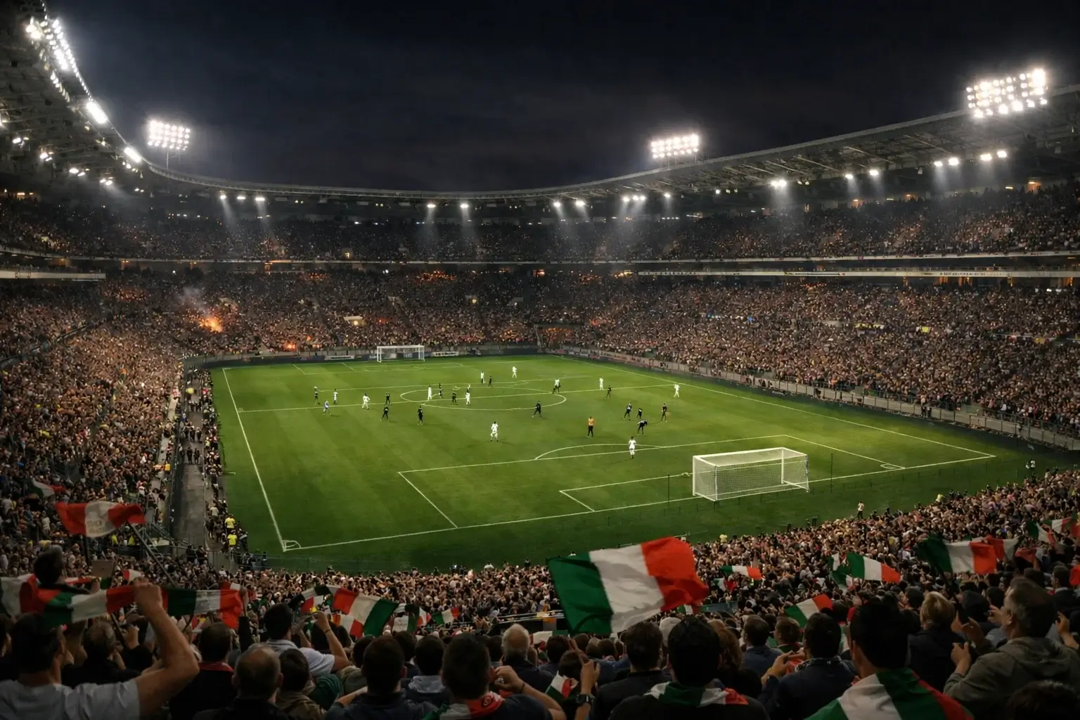 Stadio italiano con tifosi durante una notte europea