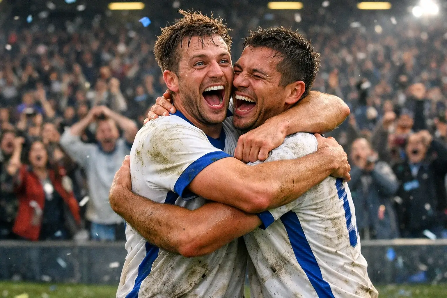 Calciatori che festeggiano una vittoria a sorpresa