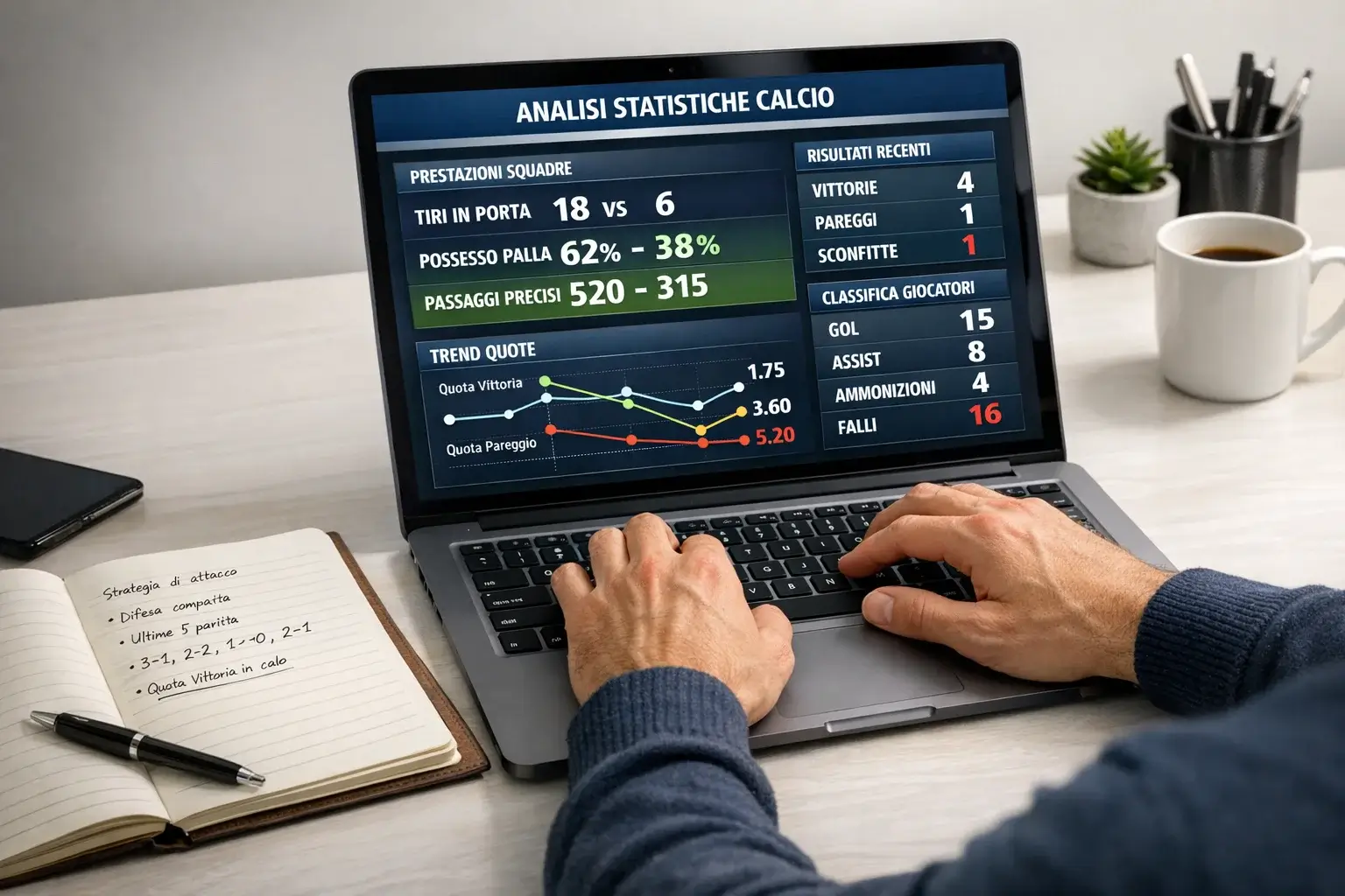Analista che studia statistiche calcistiche su un laptop