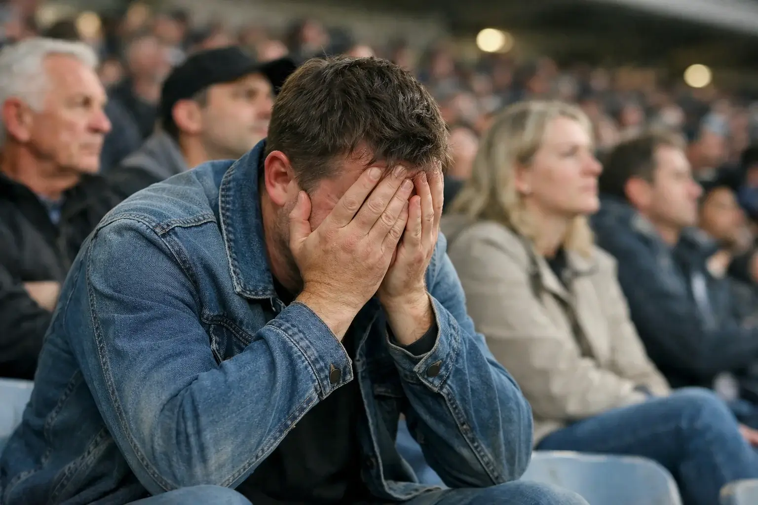 Tifoso deluso con le mani sul viso durante una partita