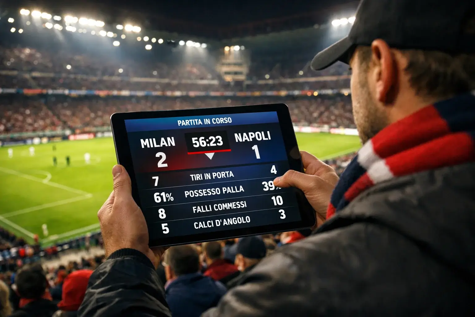 Tifoso che usa il tablet durante una partita dal vivo