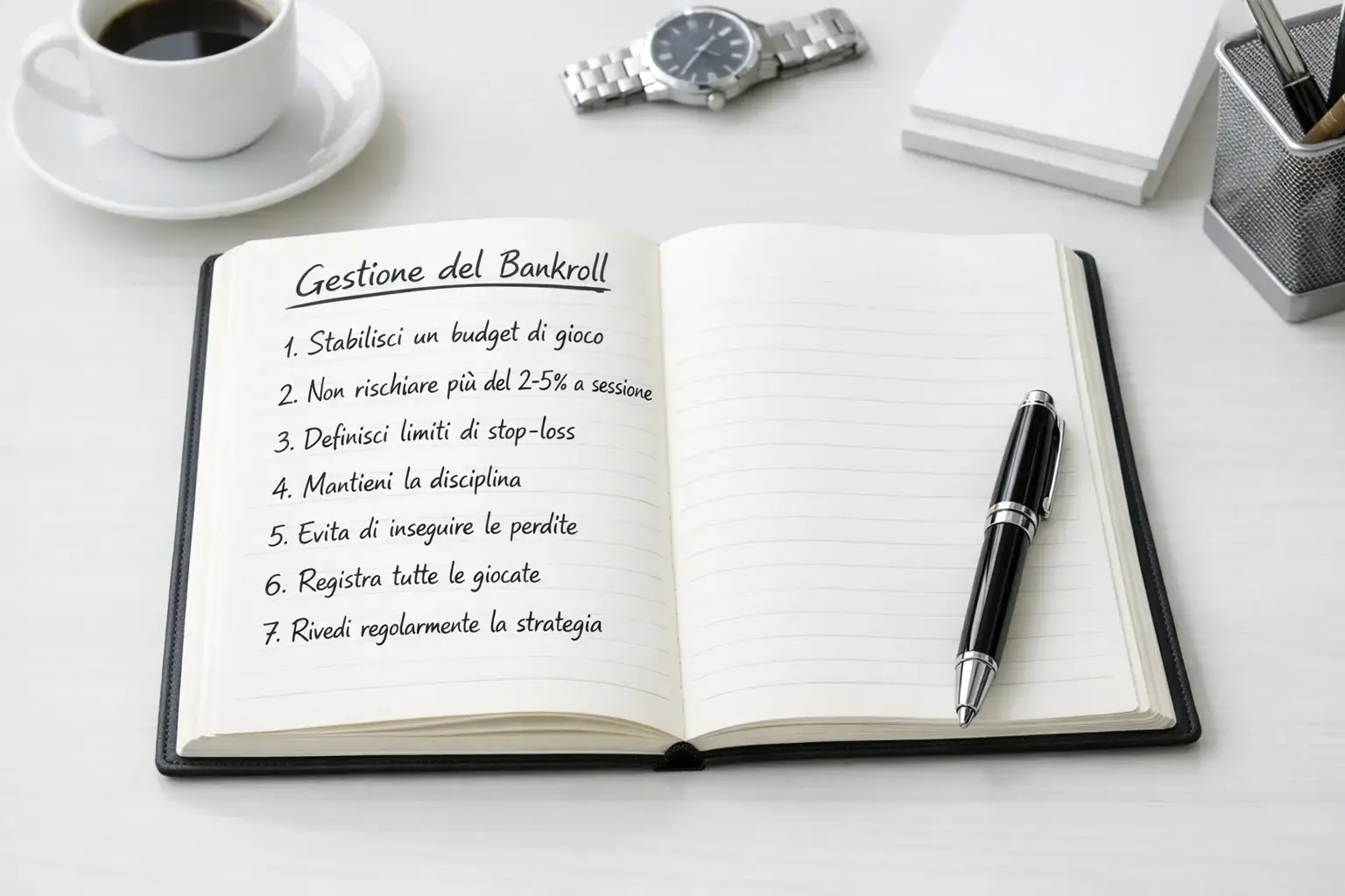 Quaderno con appunti e penna su una scrivania ordinata