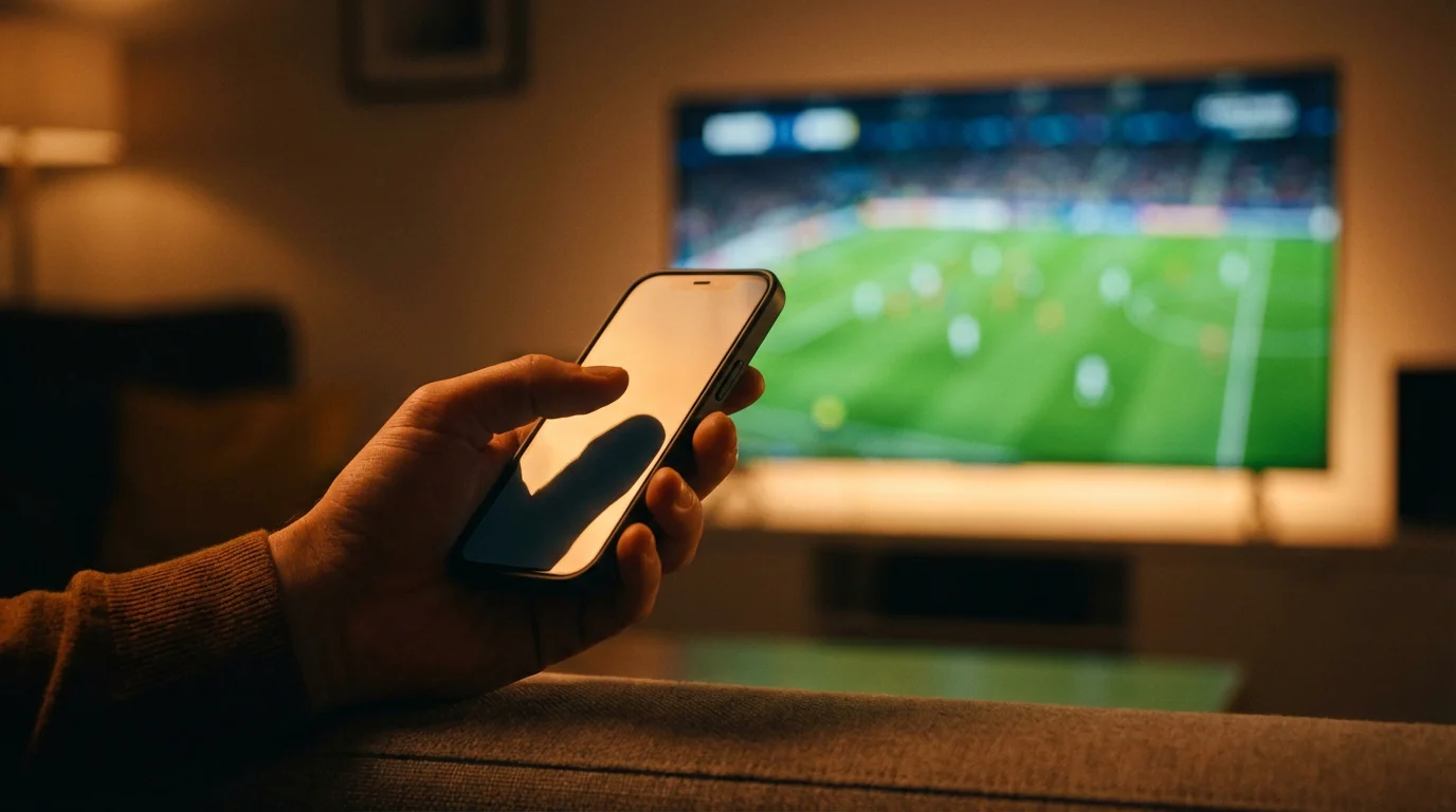 Persona che usa un'app di scommesse sportive sullo smartphone durante una partita di calcio