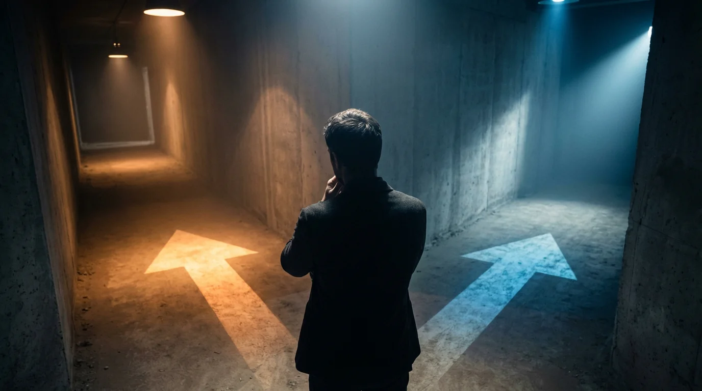 Persona pensierosa davanti a un bivio con frecce che indicano direzioni opposte, simbolo delle trappole mentali