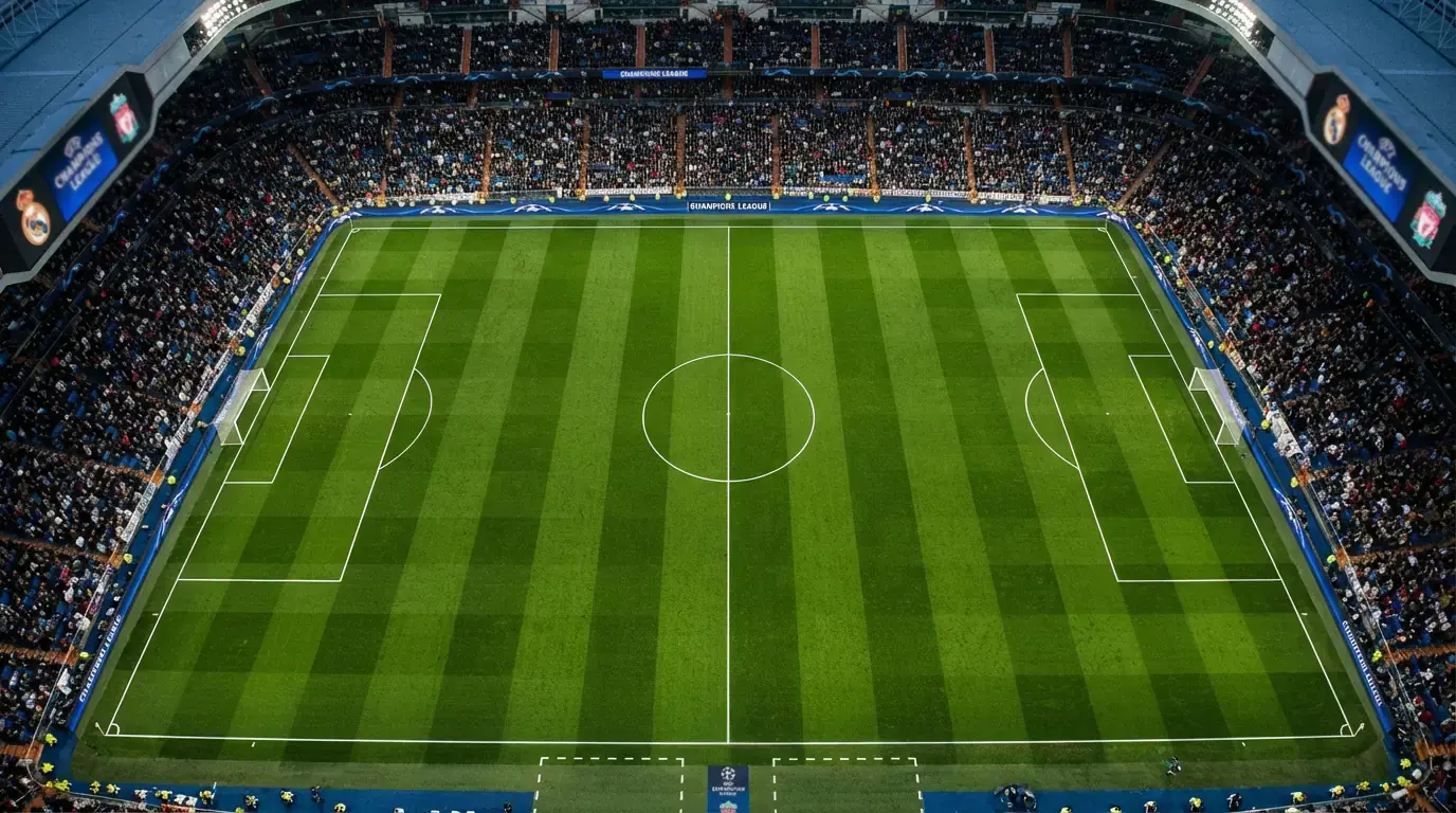 Campo di calcio con erba verde visto dall'alto prima di una partita di Champions League
