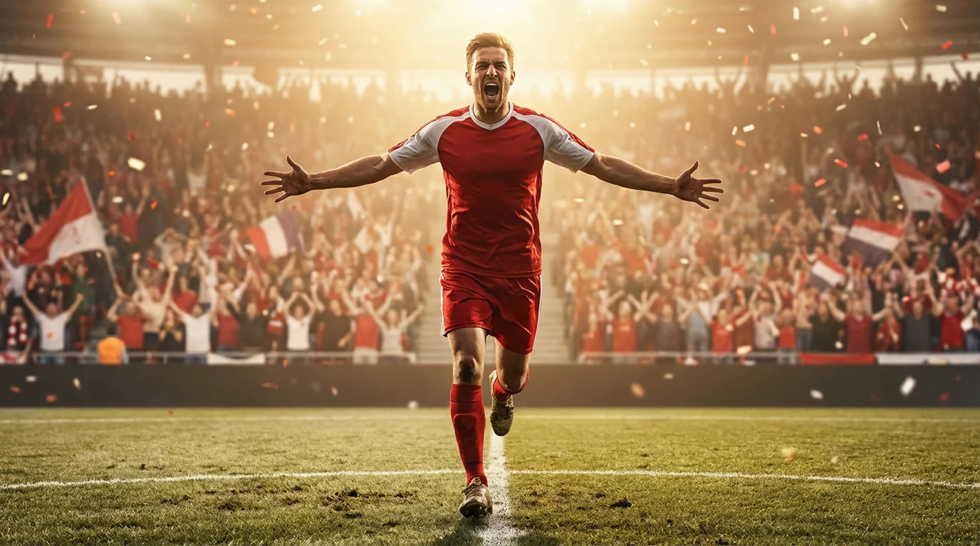 Attaccante di calcio che esulta dopo un gol in uno stadio pieno di tifosi