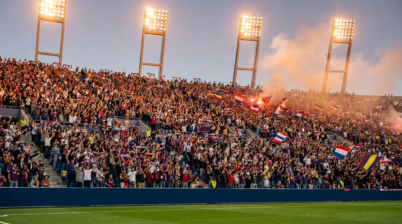 Tribuna di uno stadio di calcio gremita di tifosi con bandiere e sciarpe colorate