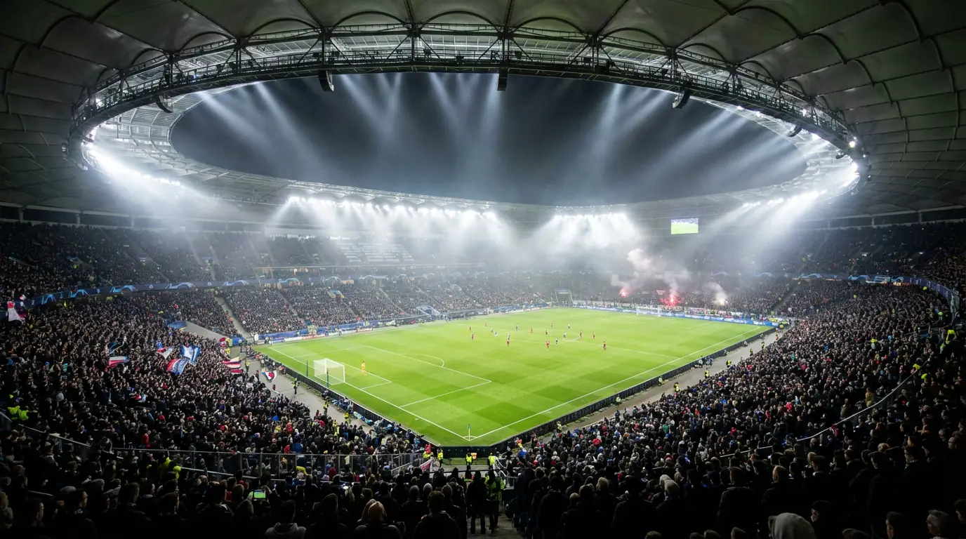 Stadio di calcio europeo illuminato durante una partita serale di Champions League