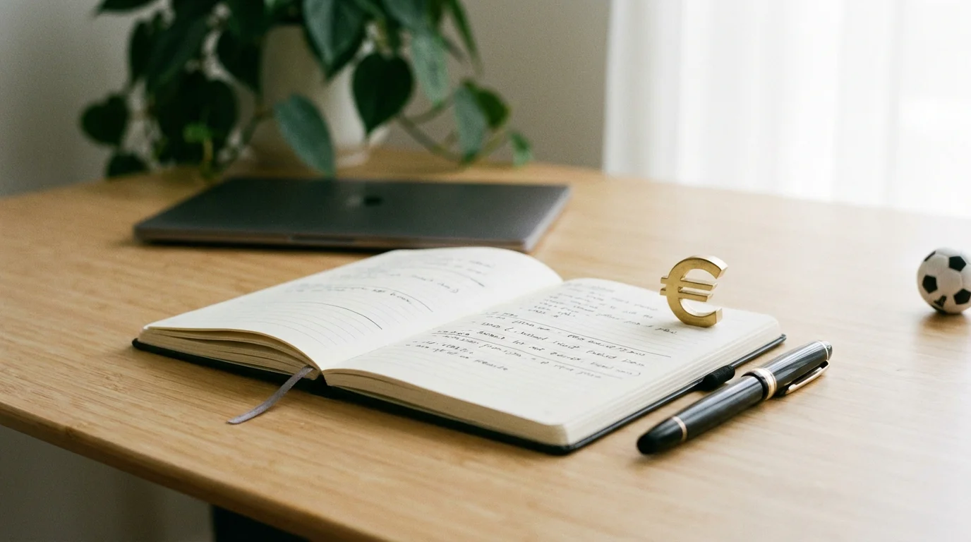 Persona che organizza un piano di gestione finanziaria con blocco note e simboli €