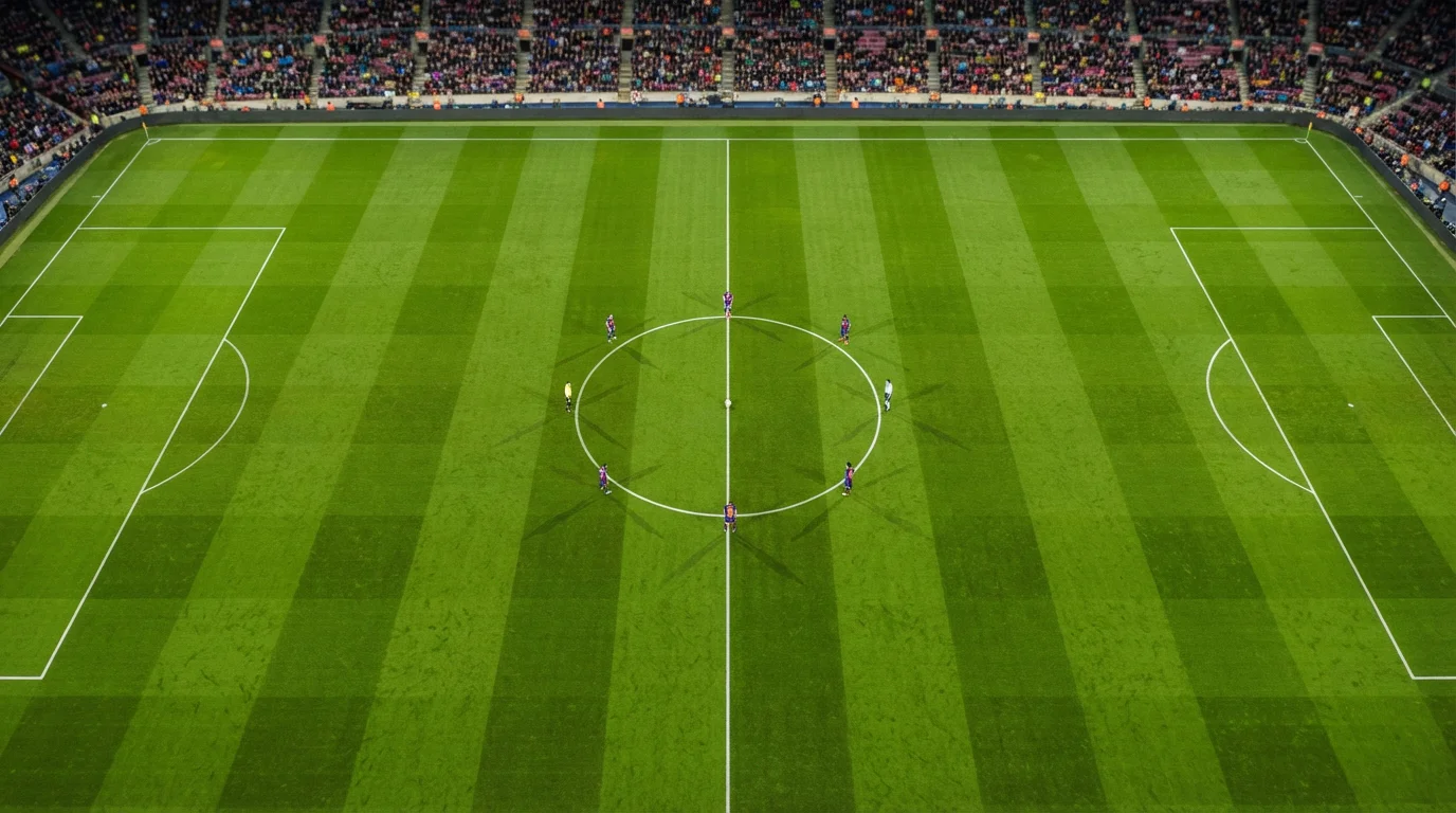 Campo da calcio ripreso dall'alto con le linee del campo ben visibili durante una partita serale