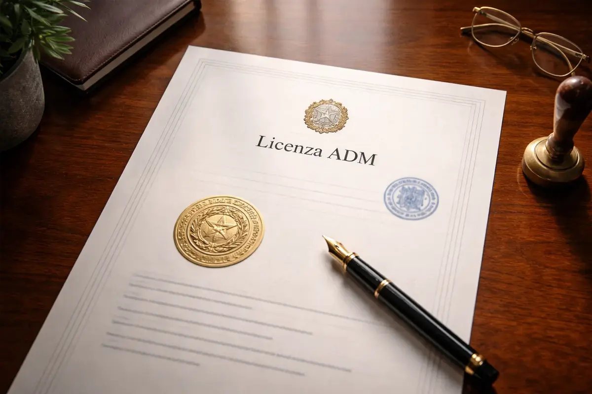 Documento ufficiale di licenza ADM su una scrivania con timbro dell'Agenzia delle Dogane e dei Monopoli