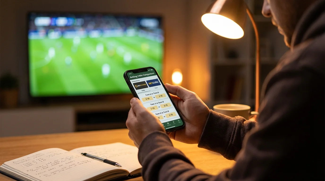 Persona che confronta quote di scommesse su uno smartphone durante una partita di calcio