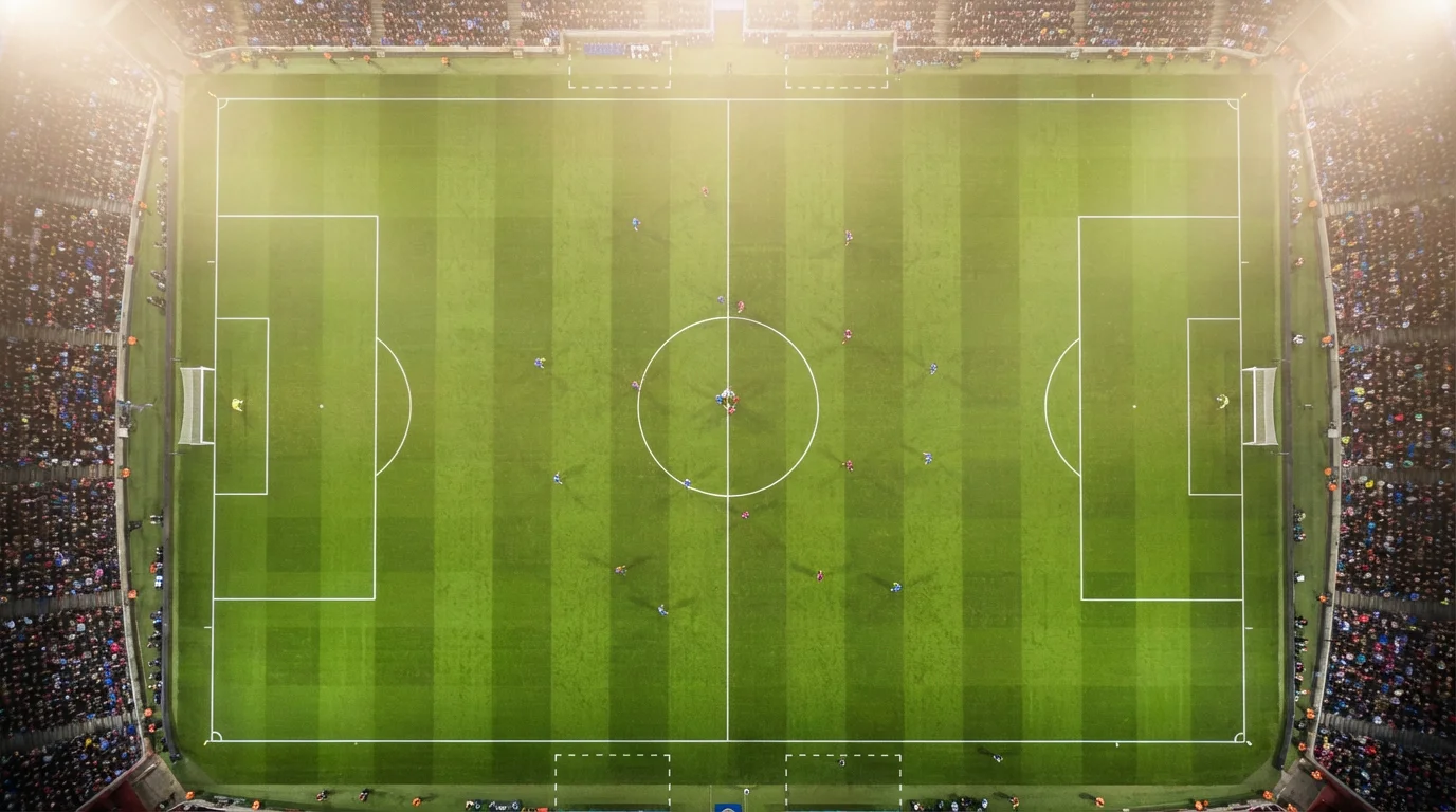 Campo da calcio con erba verde visto dall'alto durante una serata di Champions League sotto i riflettori