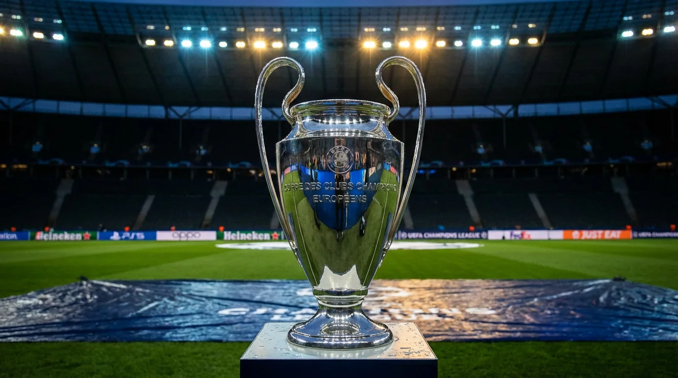 Trofeo della Champions League illuminato su sfondo scuro di uno stadio di calcio
