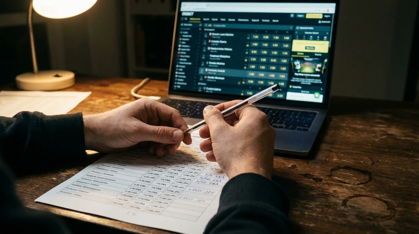 Persona che analizza quote su un foglio con penna, calcolatrice e schermo sullo sfondo
