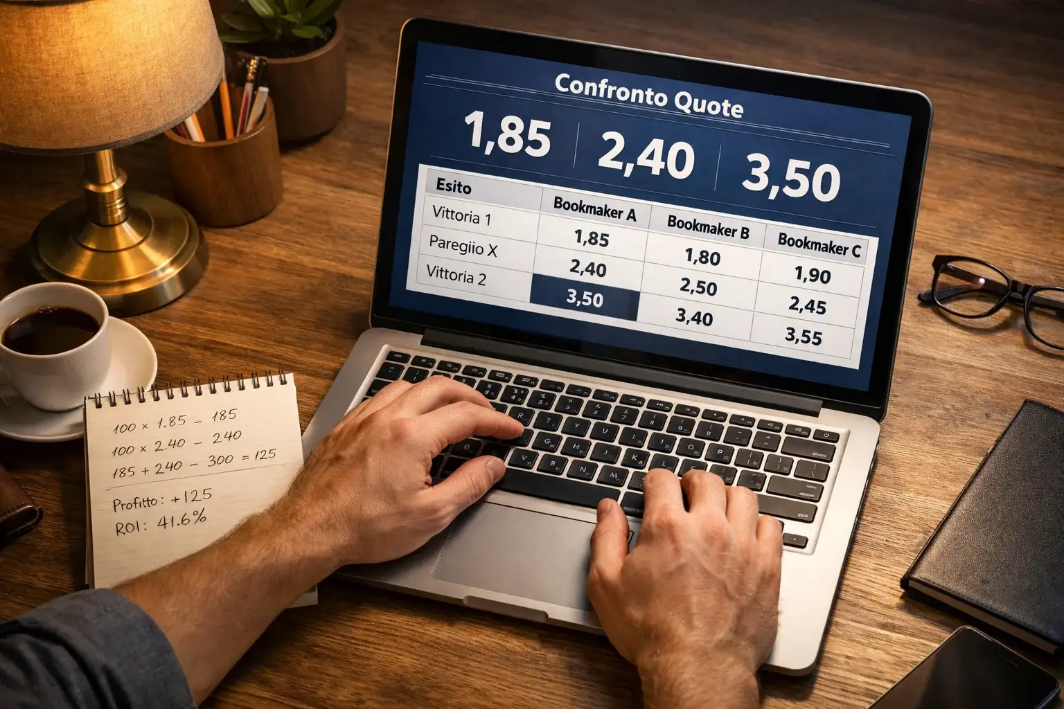 Persona che analizza quote e statistiche di calcio su un laptop