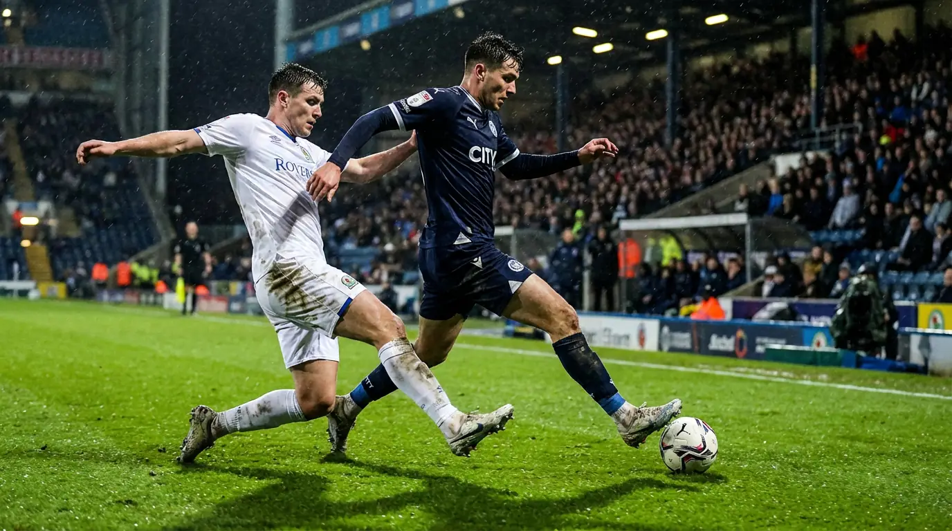 Due calciatori in contrasto durante un'azione offensiva sotto i riflettori di uno stadio europeo