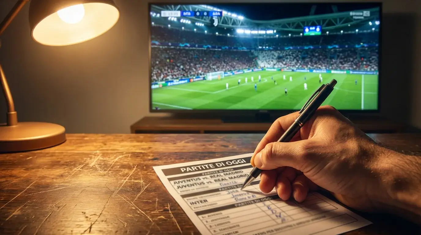 Mano che compila una schedina di scommesse multiple con partite di Champions League sullo sfondo