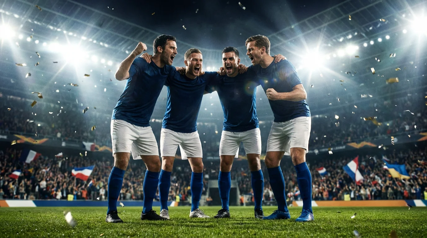 Calciatori in maglia azzurra esultano sotto i riflettori di uno stadio europeo durante una notte di Champions League