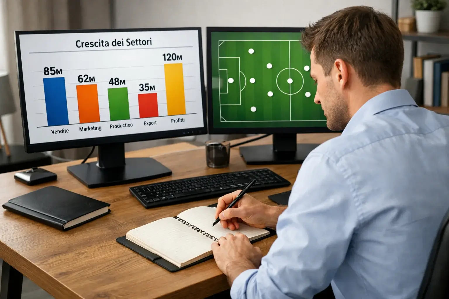 Analista sportivo che studia dati e statistiche delle partite di calcio
