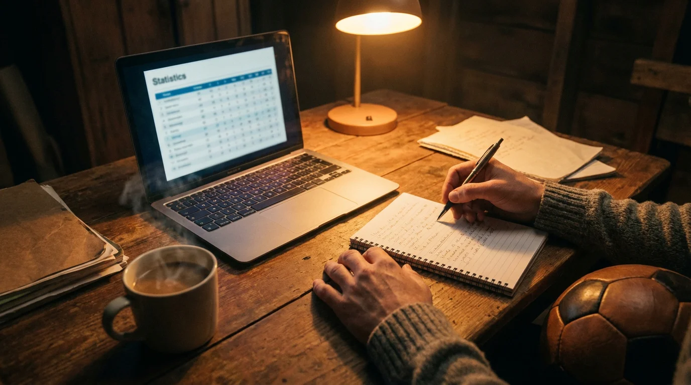 Analista sportivo che studia statistiche di calcio su un laptop con appunti
